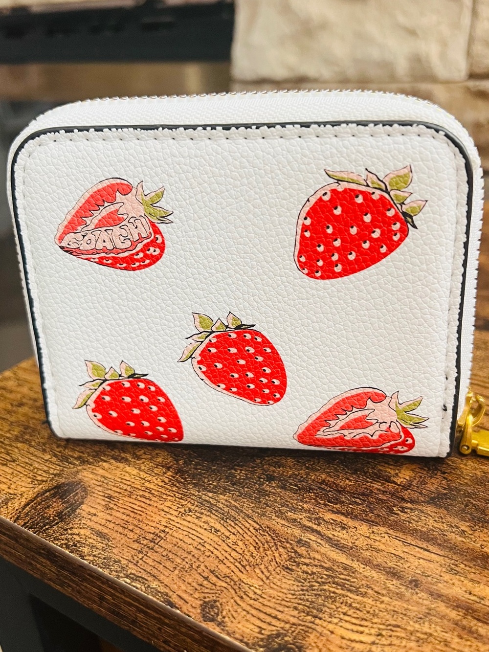 Coach White Strawberry Zip Card Wallet with Gold Logo - Picture 5 of 9